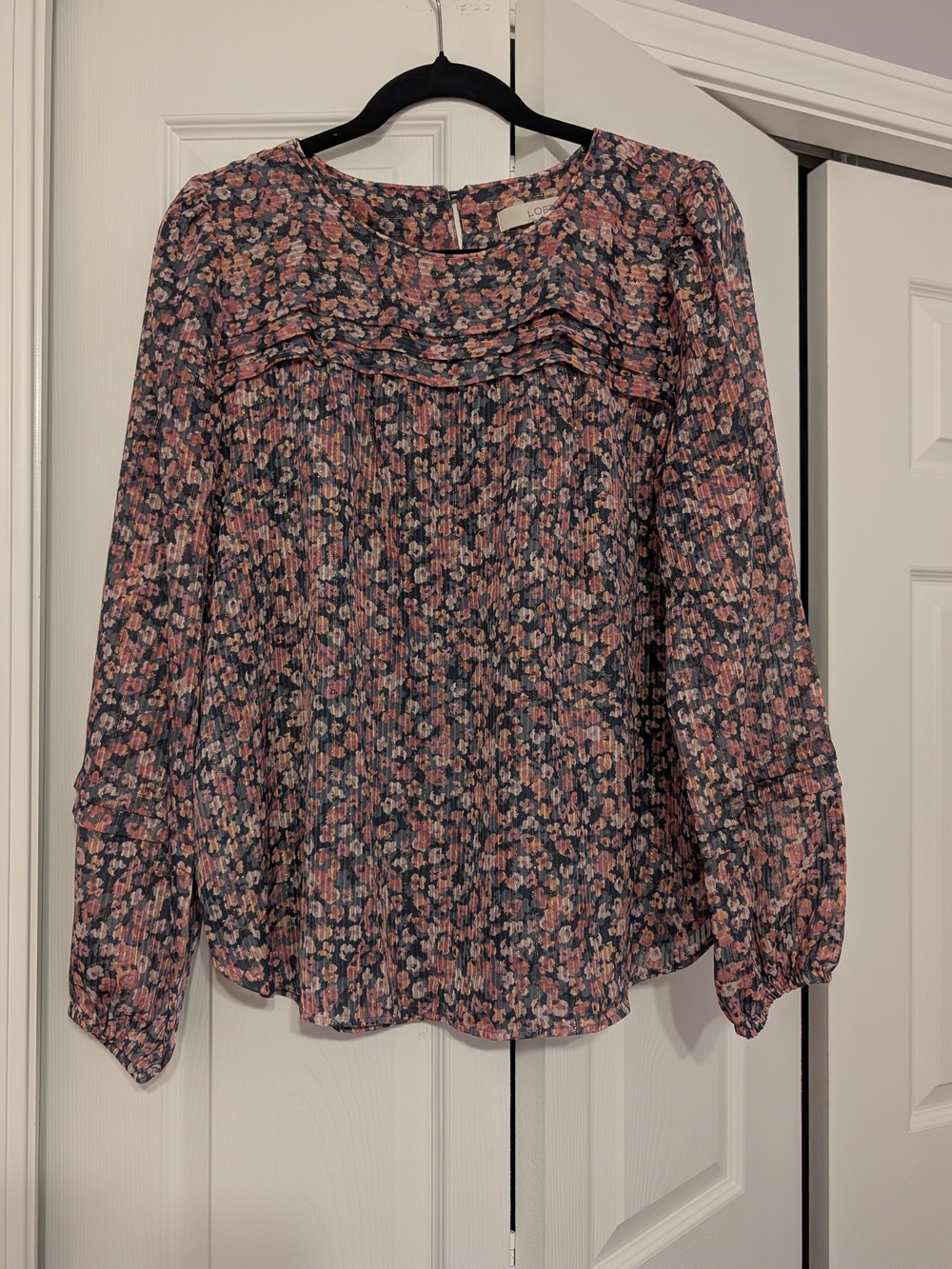 LOFT Blue and Pink Floral Pleated Long Sleeve Blouse